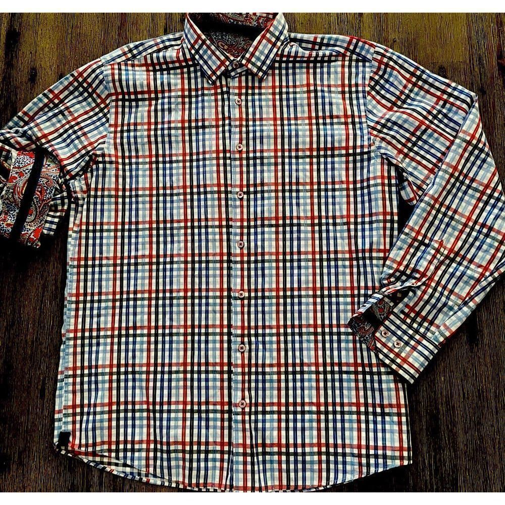 Luciano Visconti XL Plaid Red/White/Blue Button Down Long Sleeve Shirt XL